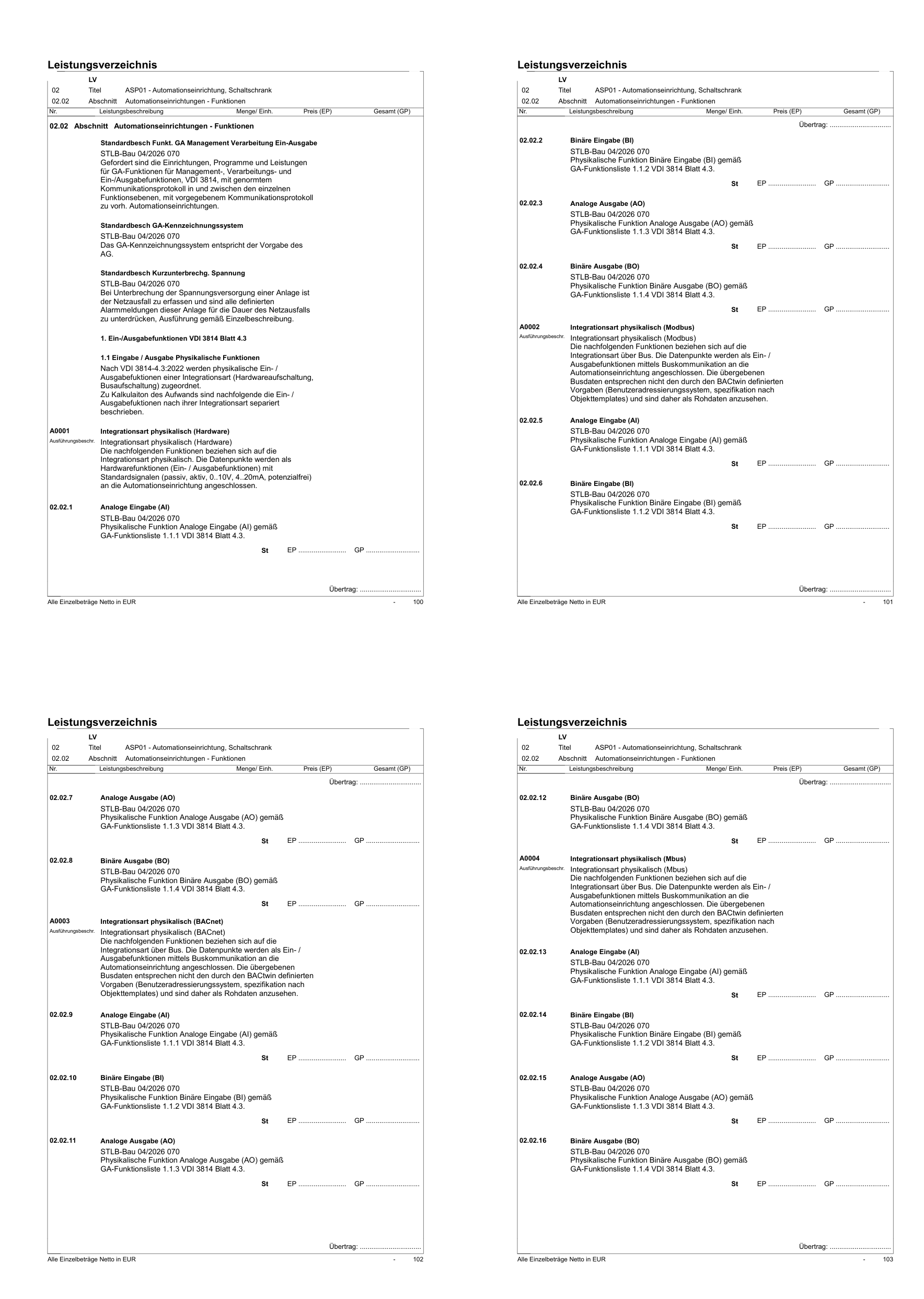Vier Seiten eines Leistungsverzeichnisses mit Blöcken für die Integrationsart physikalisch (Hardware, Modbus, BACnet, M-Bus), jeweils Positionen für AI, BI, AO, BO mit leeren Preisfeldern